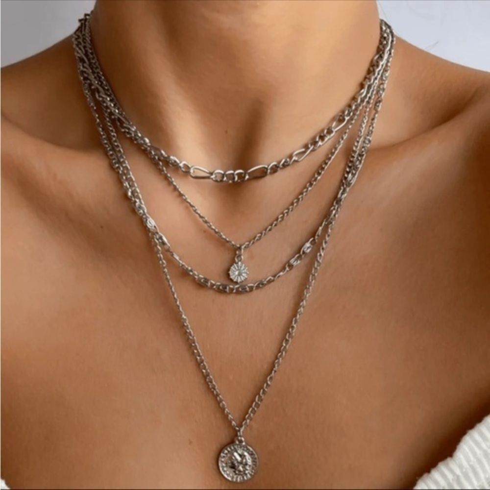 Layered Stacked Silver Coin Pendant Necklace Set - Women Jewelry